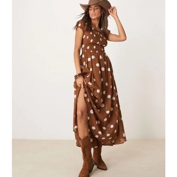 Free People Ultraviolet Maxi Dress Brown Polka Dot Oak Combo Size Medium - Picture 1 of 7